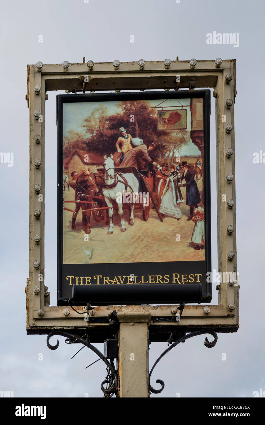 The Travellers Rest pub sign, Pensford, Somerset, UK Stock Photo