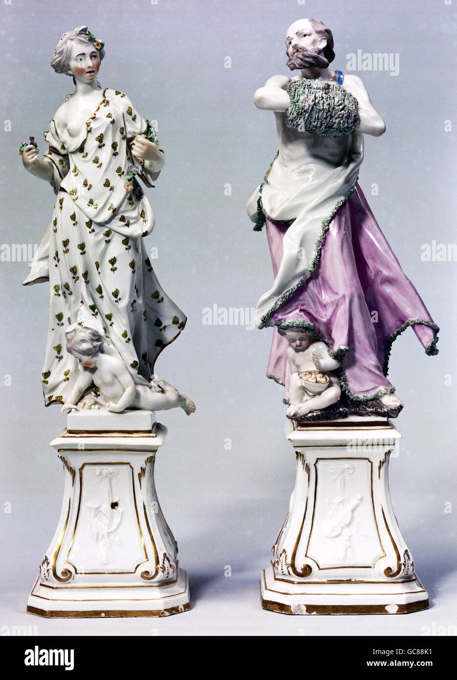 fine arts, china, figures, spring and winter, design by Konrad Link, Frankenthal, 18th century, china, Residenz museum, Munich, Germany, Europe, rococo, craft, handcraft, figure, full length, clipping, cut out, cut-out, cut-outs, allegory, female, woman, Stock Photo