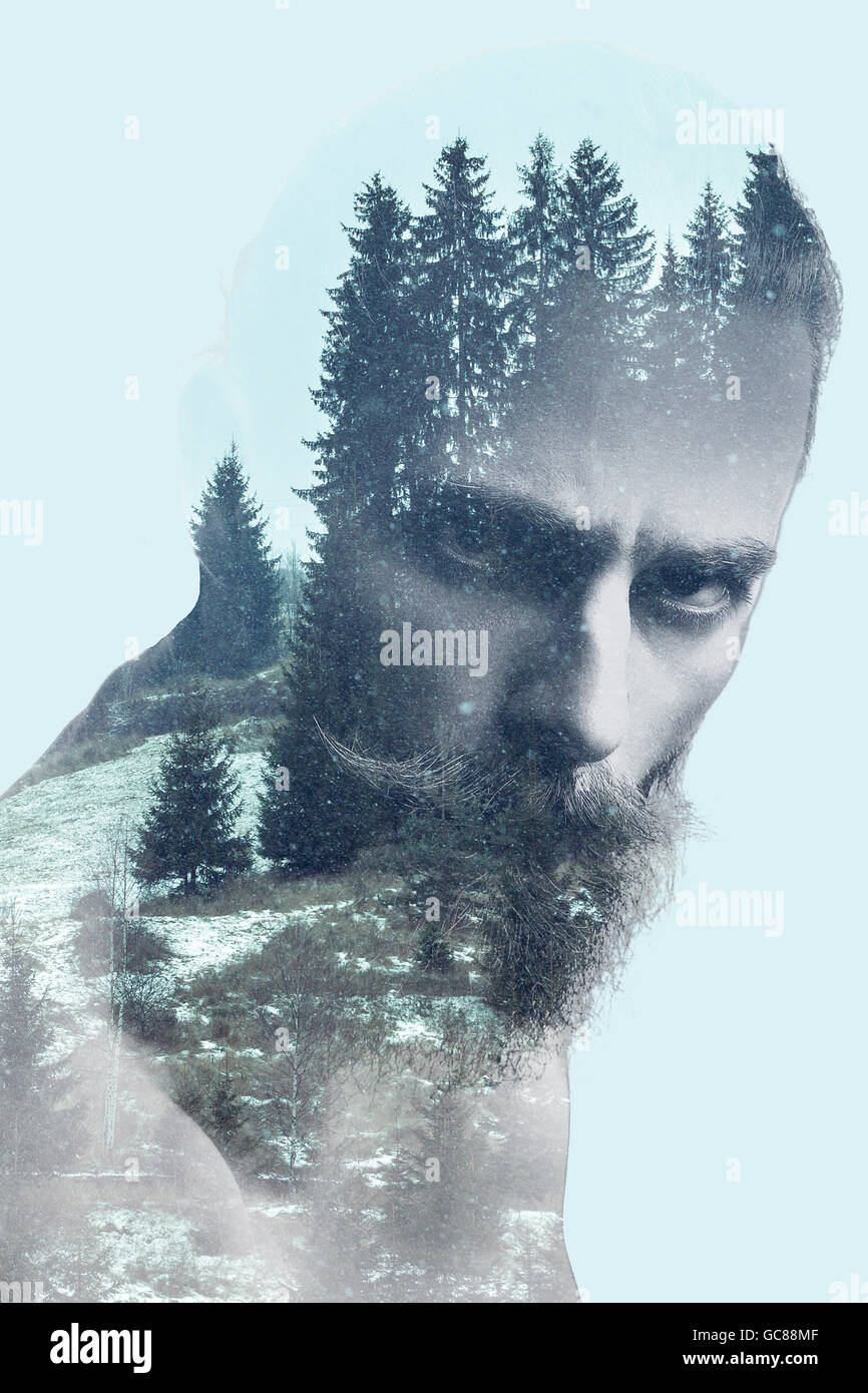 Bearded guy in double exposure photo of mountains. Surreal art concept ...