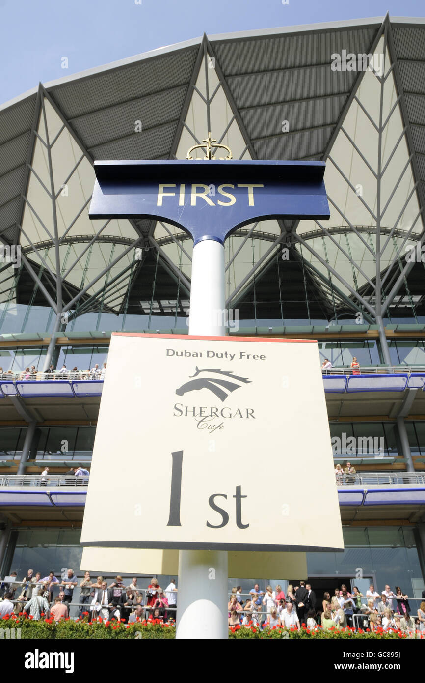Horse Racing - The Dubai Duty Free Shergar Cup Day - Ascot Racecourse. A general view of the 1st place sign in the winner's enclosure at Ascot Racecourse Stock Photo