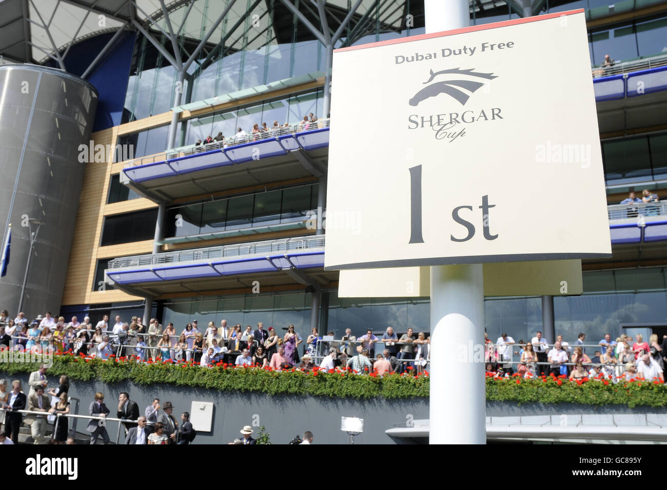 Horse Racing - The Dubai Duty Free Shergar Cup Day - Ascot Racecourse. A general view of the 1st place sign in the winner's enclosure at Ascot Racecourse Stock Photo