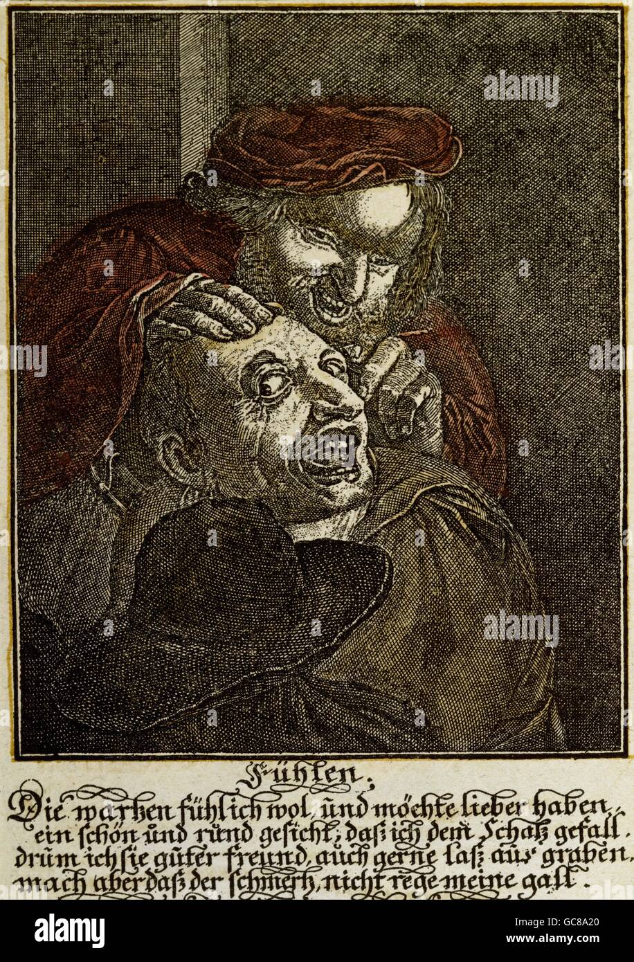 medicine, treatment, cutting out warts, satirical illustration, from 'Die fuenf Sinne' (The five senses), copper engraving, coloured, Southern Germany, mid 17th century, private collection, Artist's Copyright has not to be cleared Stock Photo