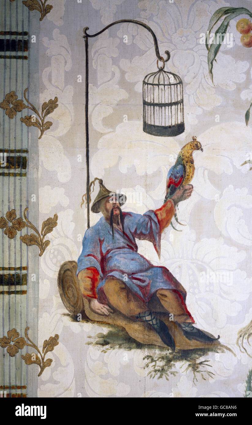 fine arts, wallpaper, chinoiserie, sitting Chinese with bird, painting in the style of Esias Nilson, print, Germany, late 18th century, City Museum Memmingen, Stock Photo