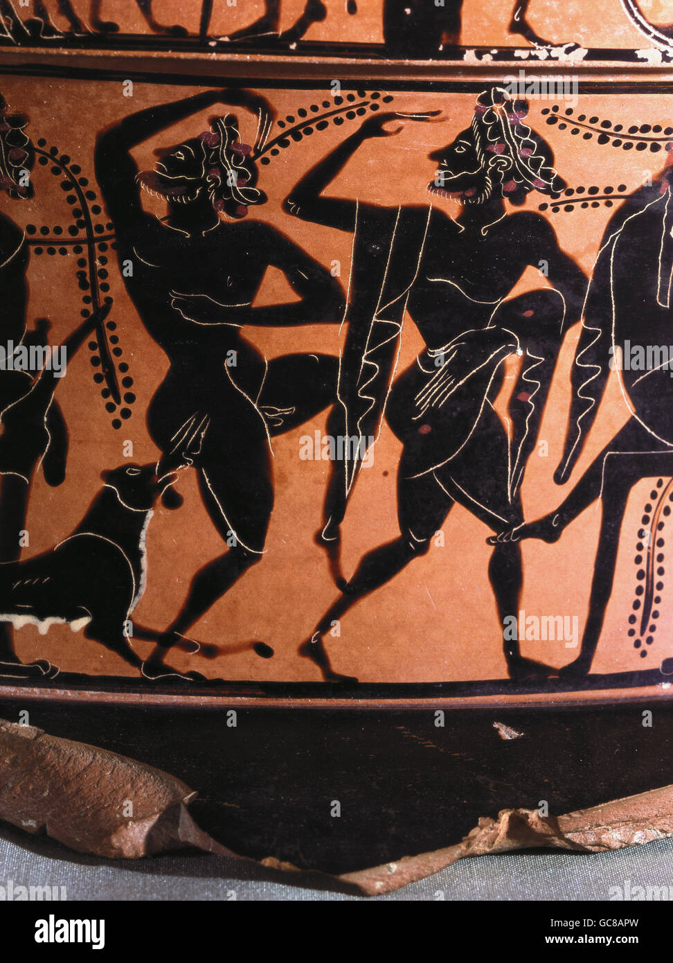 fine arts, ancient world, Greece, painting, dancing Komasts, black-figure Krater, 2nd half 6th century BC, Museo Nazionale Reggio di Calabria, Stock Photo