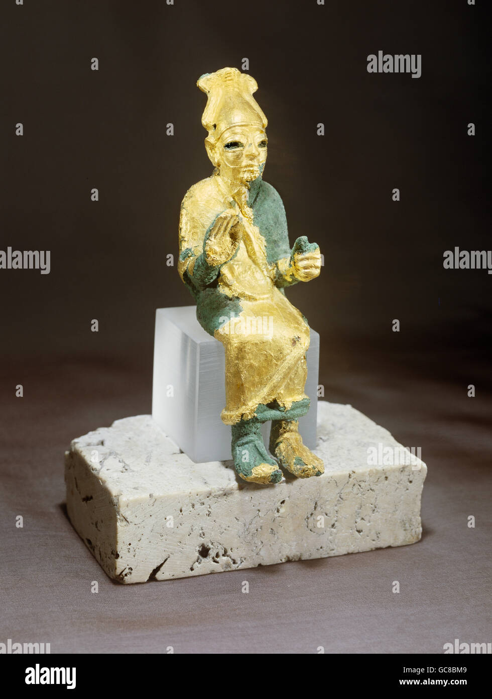 fine arts, ancient world, Sumerian, sculpture, statue of god Baal, gold covered bronze, Ugarit, 14th/13th century BC, Damascus National Museum, Stock Photo