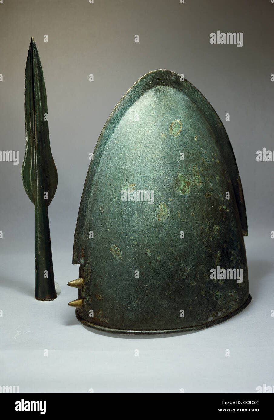 fine arts, ancient world, bronze age, sculpture, helm and spearhead, bronze, Krottental, Germany, urnfield culture, 1300 - 700 BC, Munich Prehistoric Collection, Stock Photo