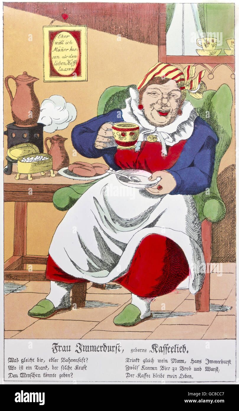 food, coffee, caricature, "Frau Immerdurst, geborne Kaffeelieb" (Ms  Always-Thirsty, nee Loves-Coffee), sheet of pictures, Neuruppin, Germany,  2nd half of the 19th century, private collection,  Additional-Rights-Clearences-Not Available Stock Photo - Alamy