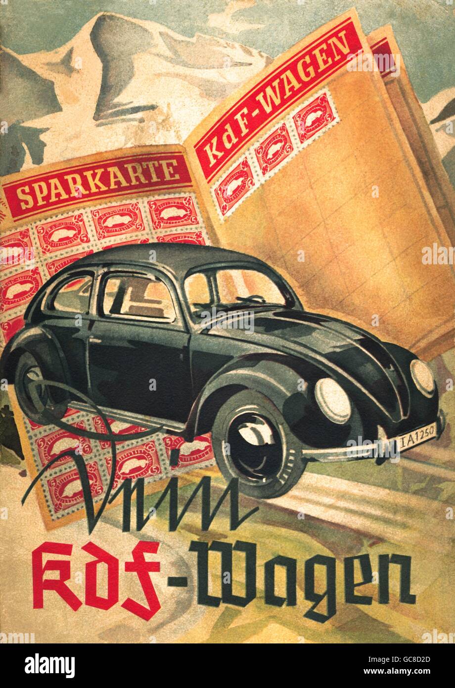 transport / transportation, car, vehicle variants, KdF car, constructed by Ferdinand Porsche, inexpensive Volkswagen planned by the National Socialists, price: 990 reichsmark, purchaser described request on delivery of a car, getting savings booklet, with savings stamps, at least five reichsmark per week, four-cylinder engine, opposed cylinder engine, maximum speed: 100 kph, consumption: 7 litre on 100 kilometer, planned beginning of production: autumn 1939, brochure, Germany, 1939, Additional-Rights-Clearences-Not Available Stock Photo