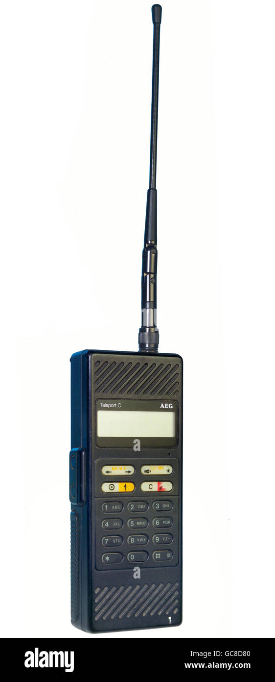 technics, telephone, mobile phone, AEG Teleport C-1, 624 g, very early mobile phone, antenna, two-time foldable, Germany, 1991, Additional-Rights-Clearences-Not Available Stock Photo