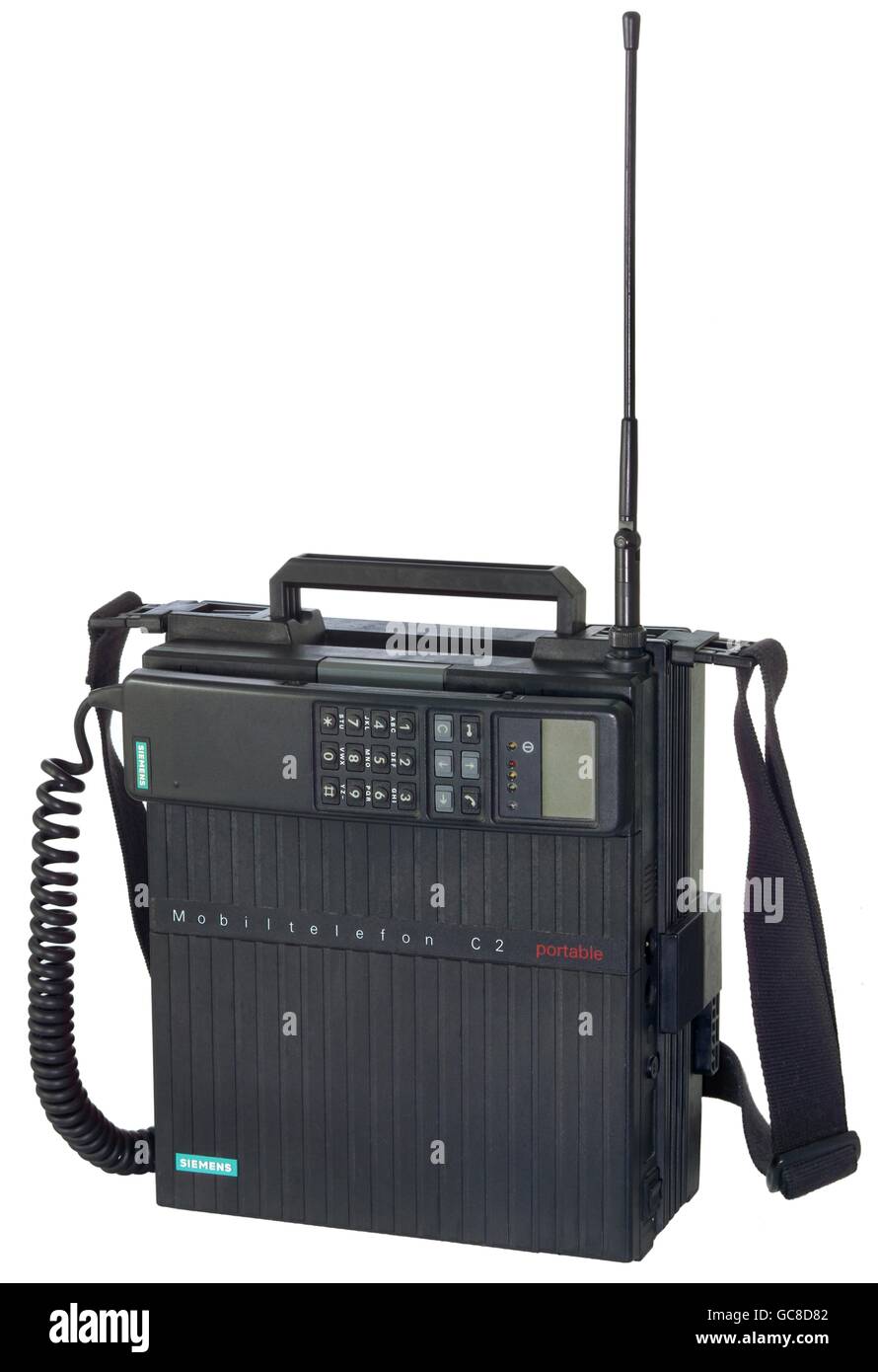 technics, telephone, mobile phone, Siemens mobile phone C2, one of the very  first C network mobile phone, portable edition, Germany, 1987, telephone  receiver, telephone receivers, first mobile phone, beginning of the mobile