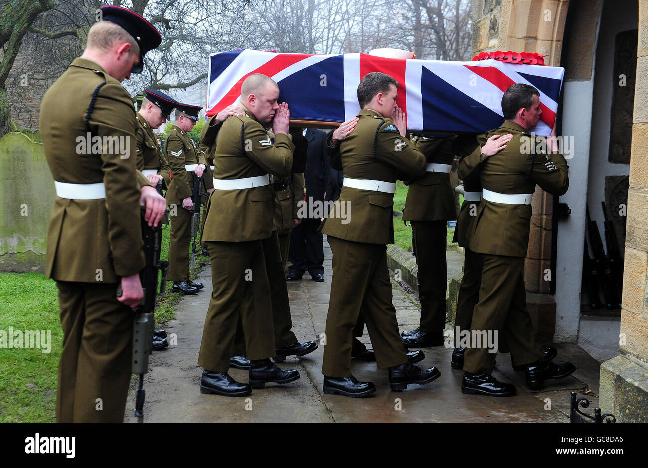 The coffin Sapper David Watson is carried into the Parish Church of St Mary the Virgin in Whickham, Gateshead. Stock Photo