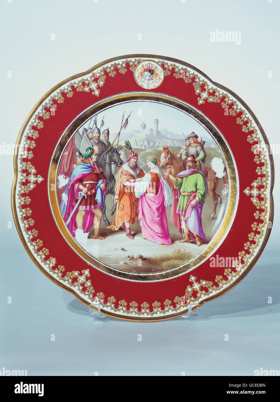 fine arts, porcelain, plate, painted, Nibelung legend 'King Attila receiving Kriemhield', copied by Ferdinand le Feubure, diameter 23,5 cm, Munich, 1842, Stock Photo