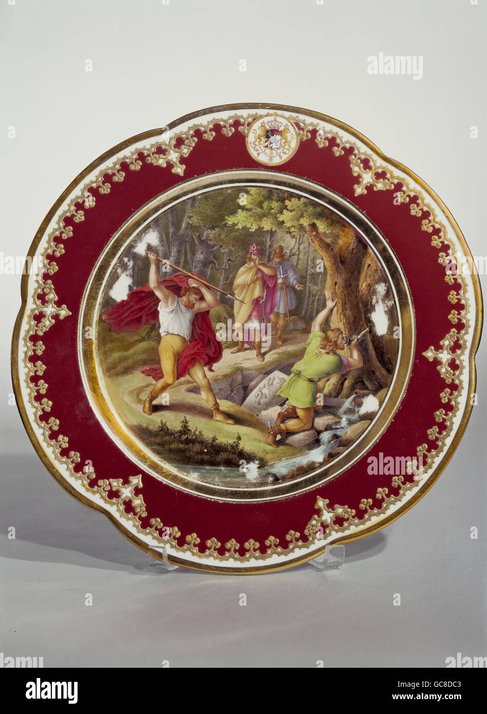 fine arts, porcelain, plate, painted, Nibelung legend 'Siegfried's Death', copied by Ferdinand le Feubure, diameter 23,5 cm, Munich, 1842, Stock Photo