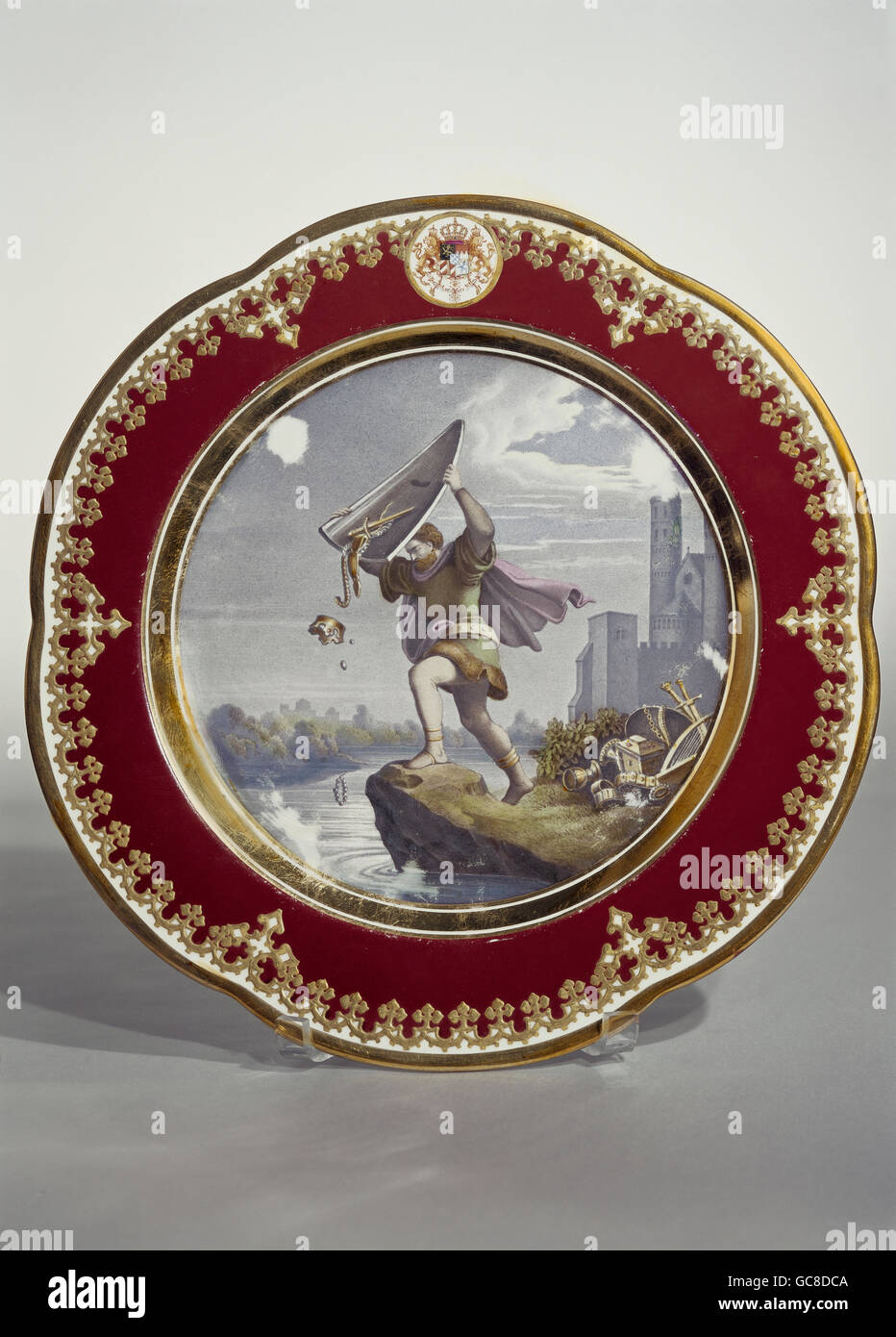 fine arts, porcelain, plate, painted, Nibelung legend 'Hagen sinks the Rhine gold', copied by Ferdinand le Feubure, diameter 23,5 cm, Munich, 1842, Stock Photo