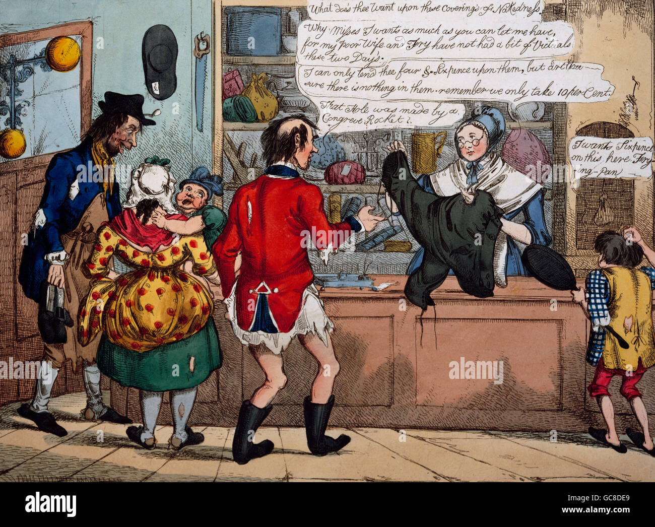 money, pawnshop, caricature, 'The new Combination Pawn Broking Company', aquatinta, S.W. Fores, London, 1824, Munich Stadtmuseum, , Additional-Rights-Clearences-Not Available Stock Photo