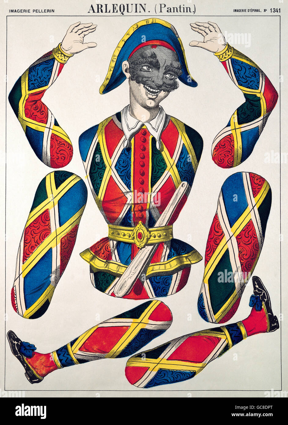 toys, jumping jack, harlequin, pen lithograph, Pellerin, Epinal, circa 1895, Additional-Rights-Clearences-Not Available Stock Photo