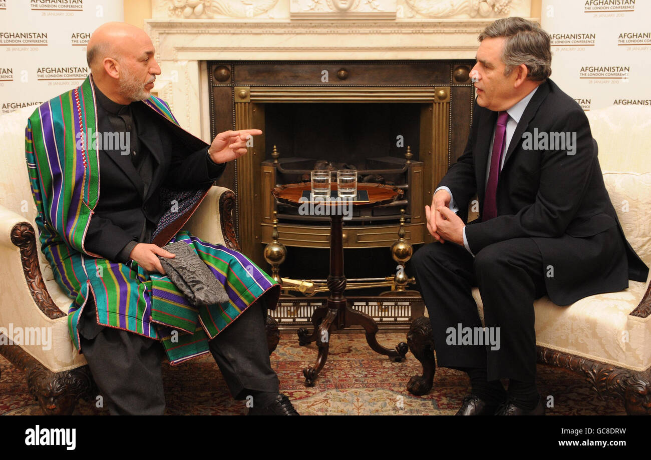 Prime Minister Gordon Brown (right) holds a meeting with Afghanistan President Hamid Karzai (left) at 10 Downing Street, Westminster. Stock Photo