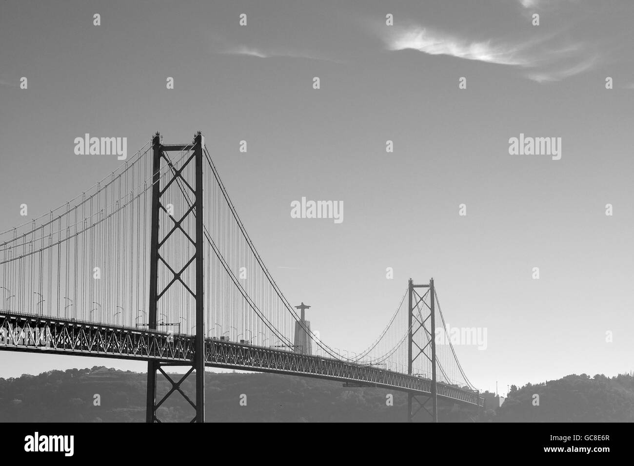 View of 25 de abril bridge at river tagus Black and White Stock Photos ...