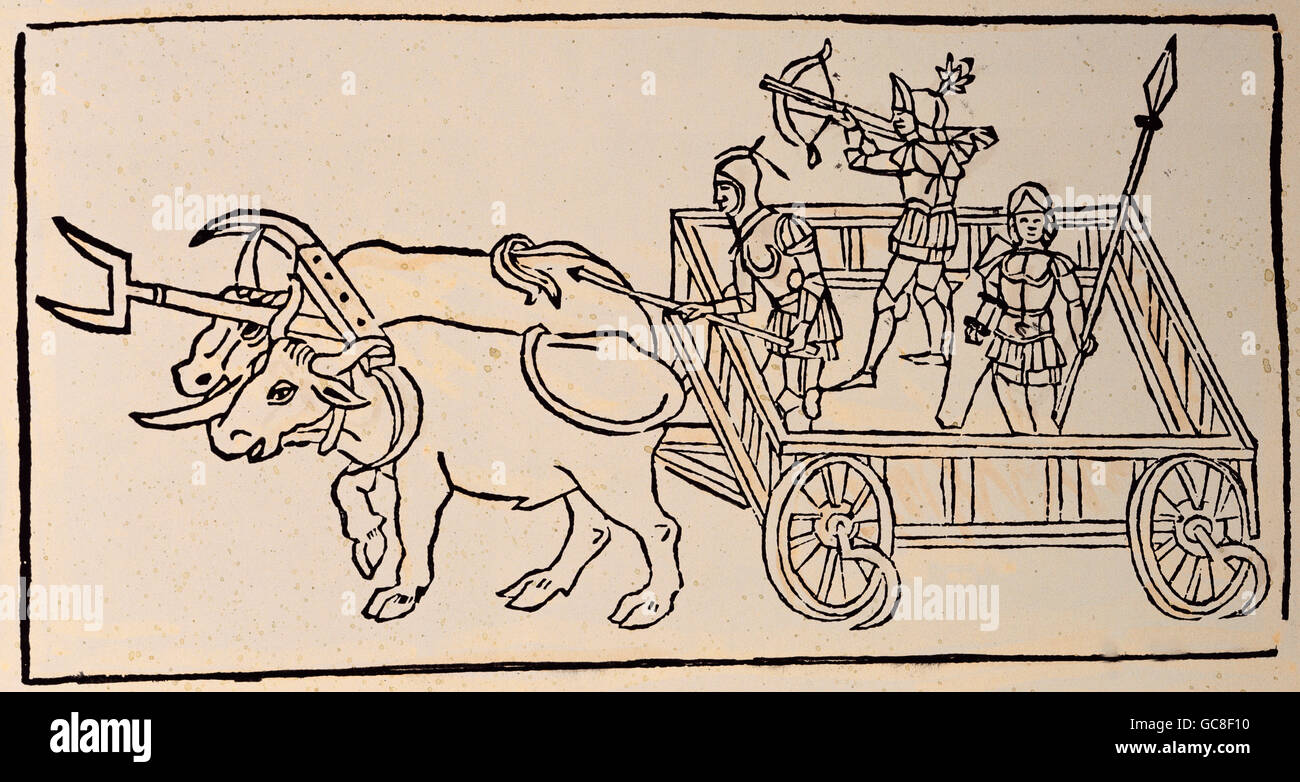 military, chariot, coloured woodcut, 'De re militari' by Roberto Valturio, Verona, 1483, private collection, , Additional-Rights-Clearences-Not Available Stock Photo