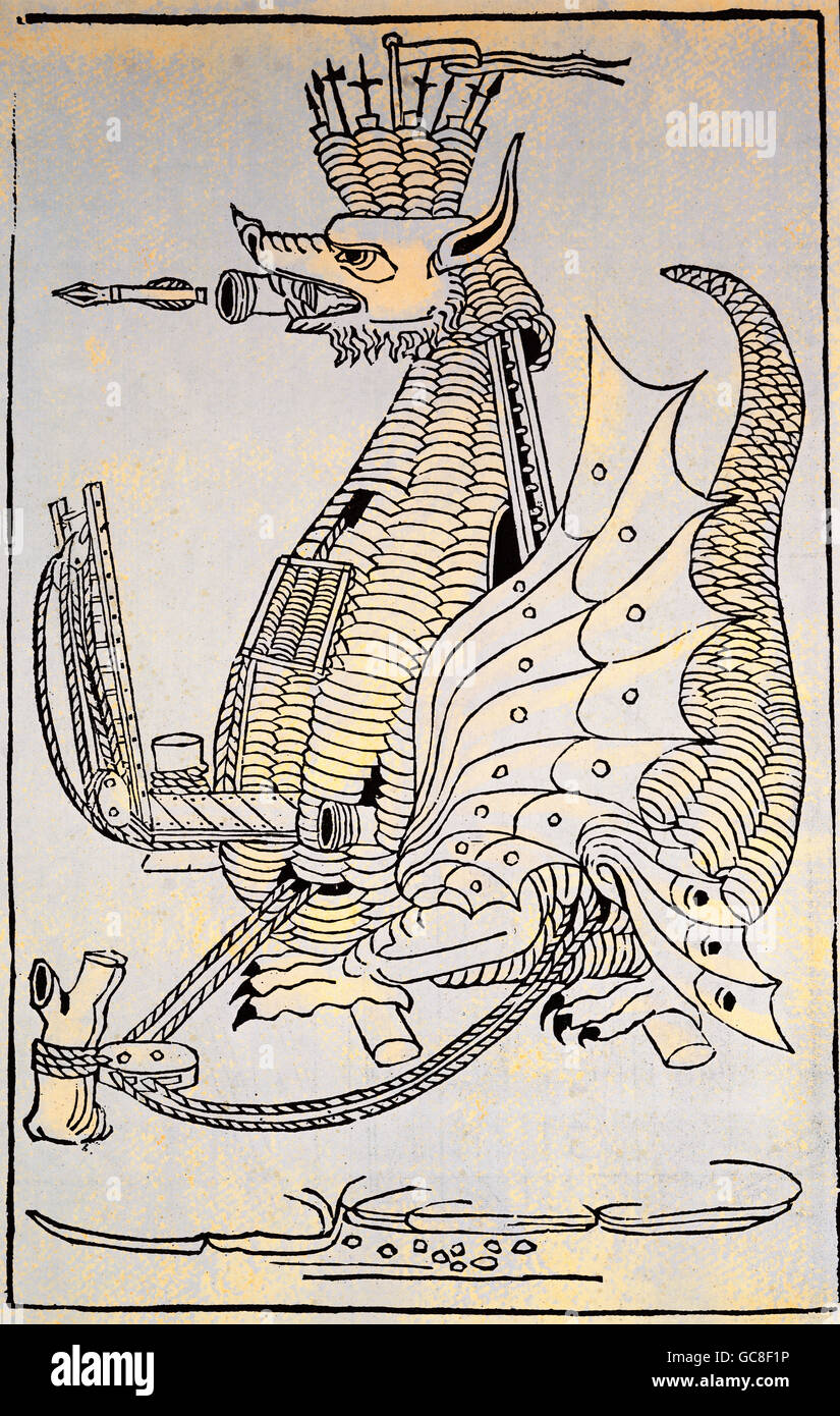 military, siege machine in dragon shape, coloured woodcut, 'De re militari' by Roberto Valturio, Verona, 1483, private collection, , Additional-Rights-Clearences-Not Available Stock Photo