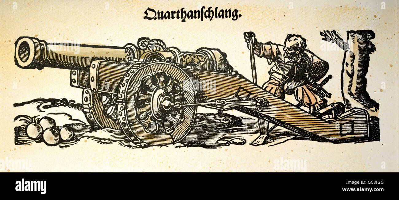 military, artillery, layer rigging a gun, 'Quarthanschlag', coloured woodcut, Walter Ryff 'Geometrische Buechsenmeisterei', Nuremberg, 1547, private collection, , Additional-Rights-Clearences-Not Available Stock Photo