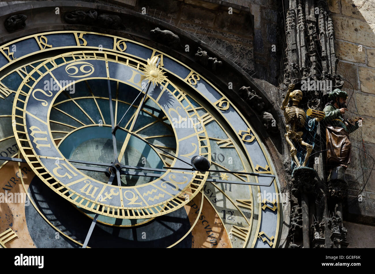 Close-up of the Astronomical Clock on the Old Town Hall in the centre of Prague (Praha) in the Czech Republic. Stock Photo