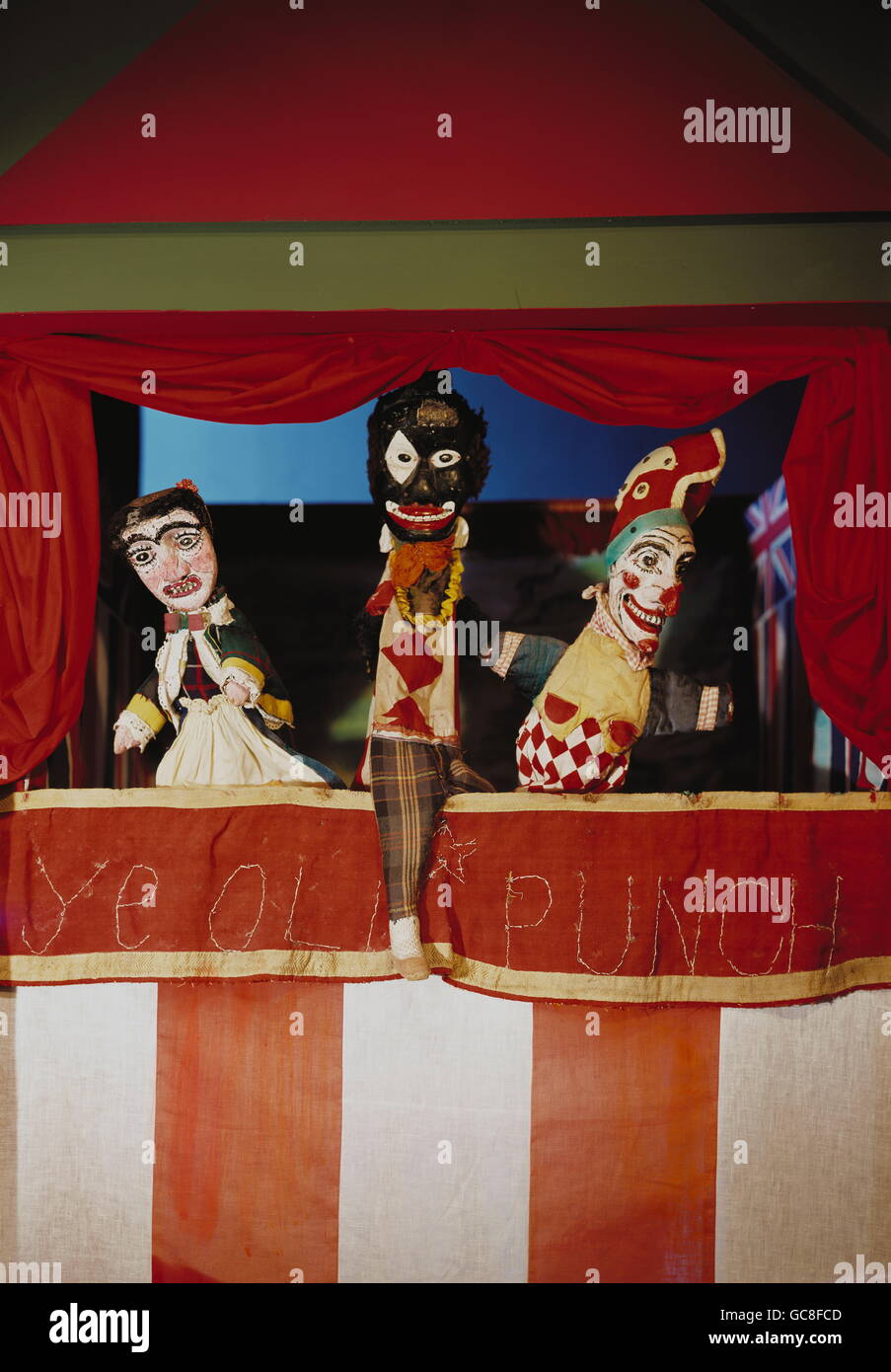 theatre, puppet theatre, hand puppets, 'Punch and Judy Theatre', wood and fabric, England, 19th/20th century, Munich Stadtmuseum, , Additional-Rights-Clearences-Not Available Stock Photo