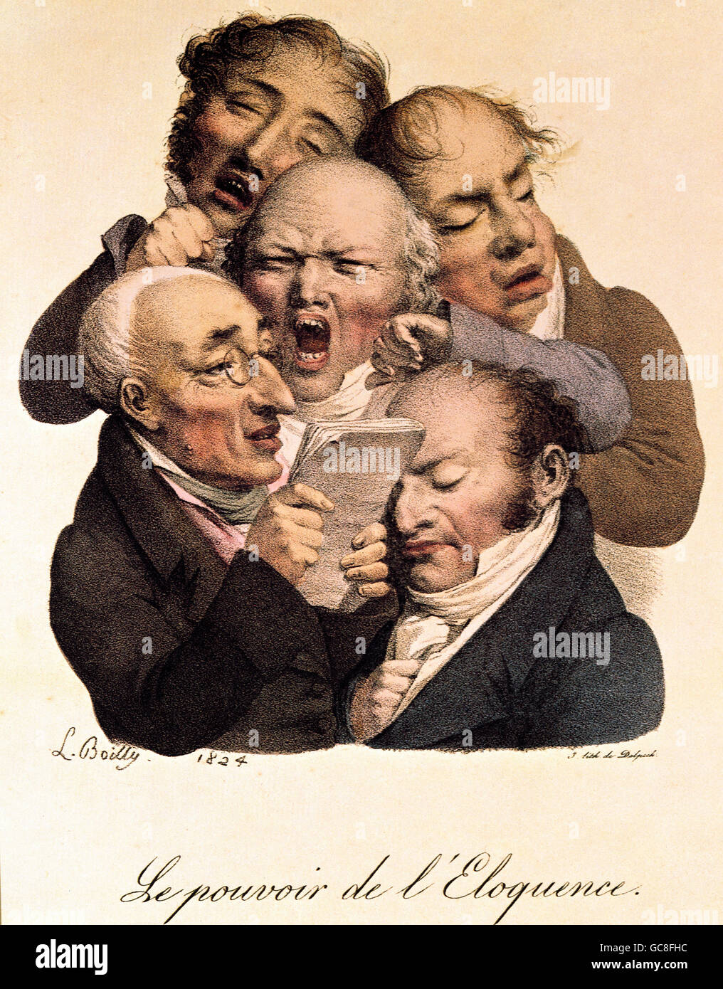 fine arts, Boilly, Louis-Leopold (1761 - 1824), graphic, 'The Power of Eloquence' ('Le Pouvoir de l'eloqence'), colour lithograph, Paris, 1824, Stock Photo