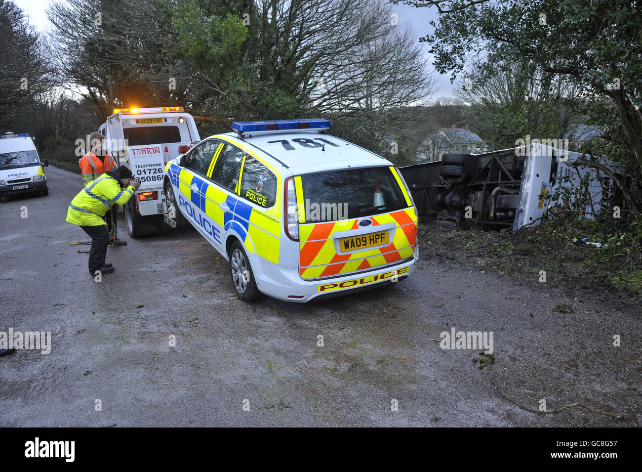 The scene of the coach crash in the village of Townshend about seven miles north east of Penzance, Cornwall where two women were killed and 47 other people were injured. Stock Photo