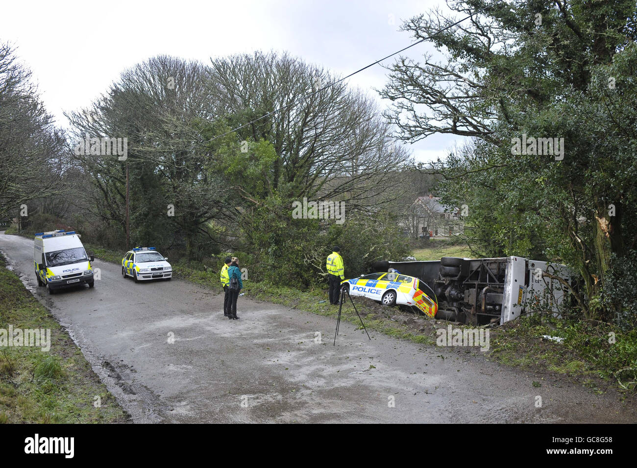 The scene of the coach crash in the village of Townshend - about seven miles north east of Penzance, Cornwall where two women were killed and 47 other people were injured. Stock Photo