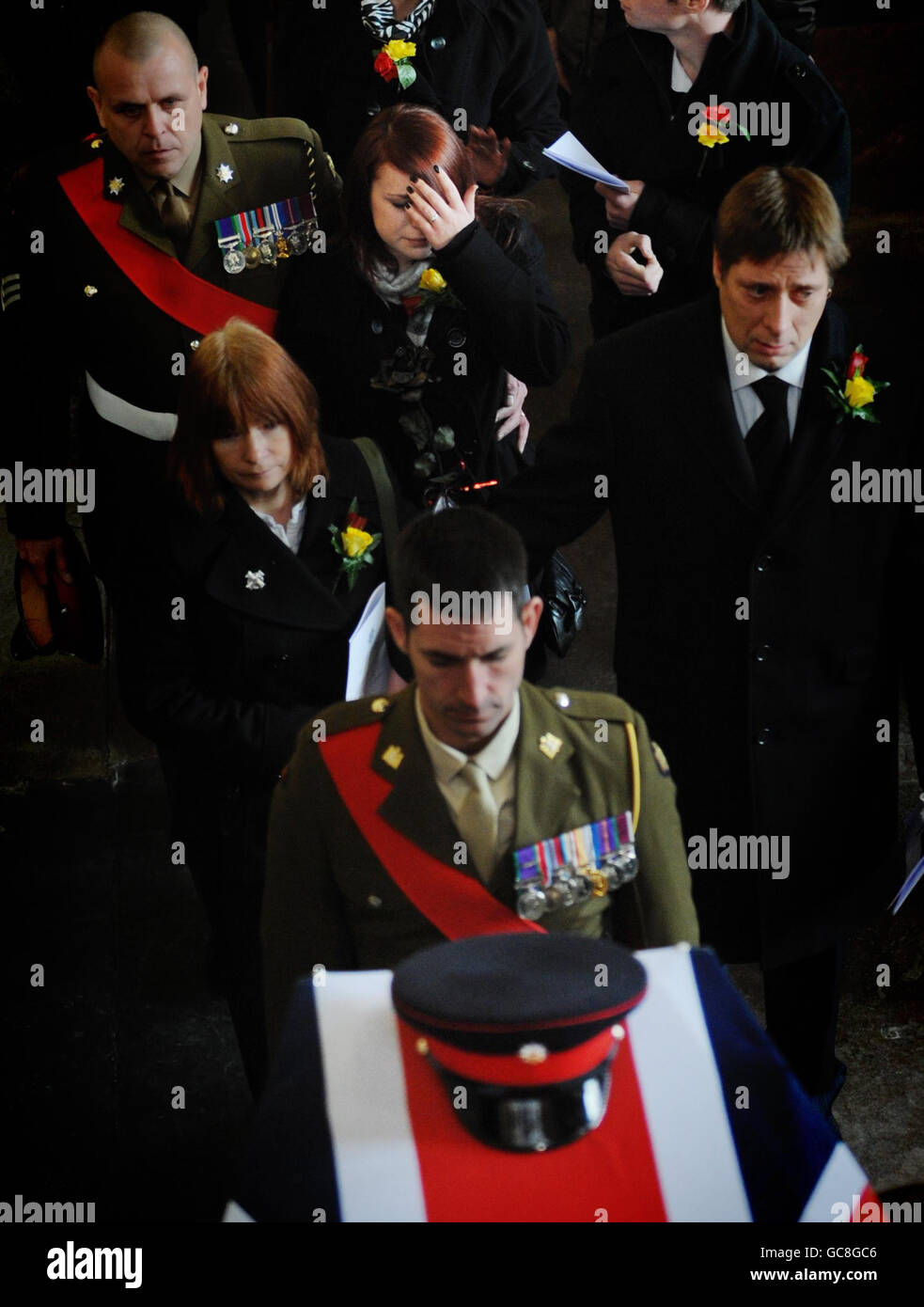The coffin of Lance Corporal Adam Drane of the 1st Battalion The Royal Anglian Regiment arrives at St Mary's Church, Bury St Edmunds in Suffolk today. Stock Photo