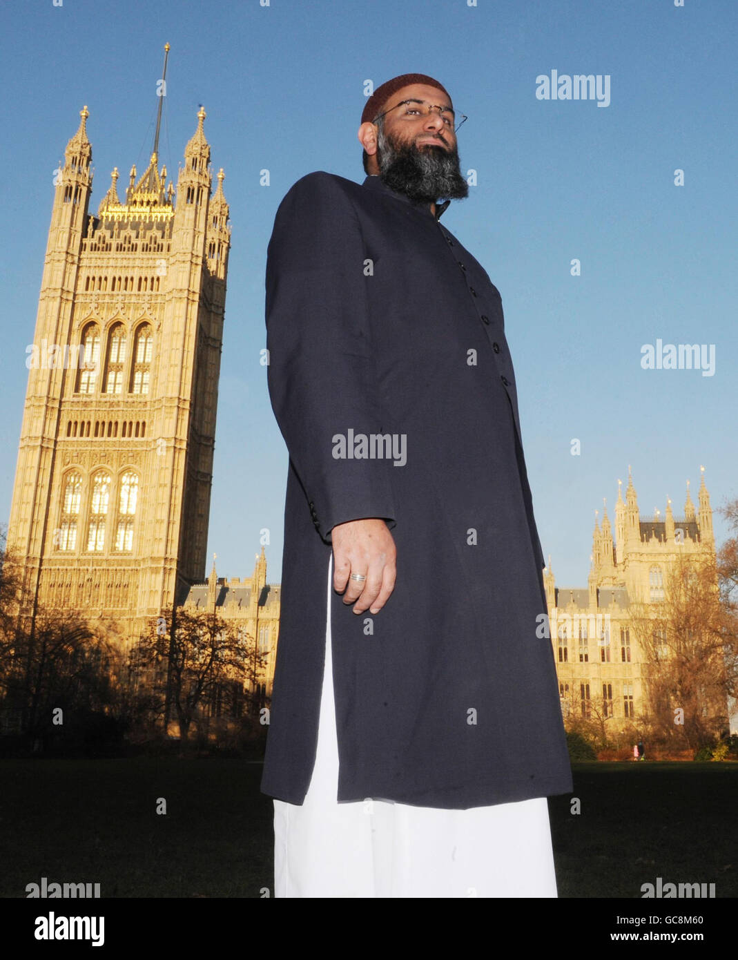 Anjem Choudary of Islam4UK outside the Palaces of Westminster in central London. Any protest march which offended the families of soldiers killed and injured in Afghanistan would be considered 'completely inappropriate' by Gordon Brown, Downing Street said today. Stock Photo