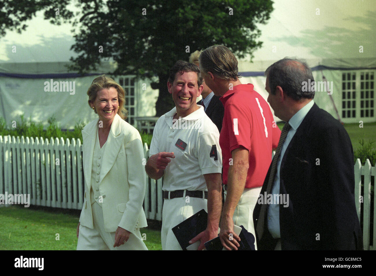 PRINCE OF WALES WITH FRIENDS AT THE HIGH GOAL CHALLENGE CUP AT ROYAL BERKSHIRE POLO CLUB. Stock Photo
