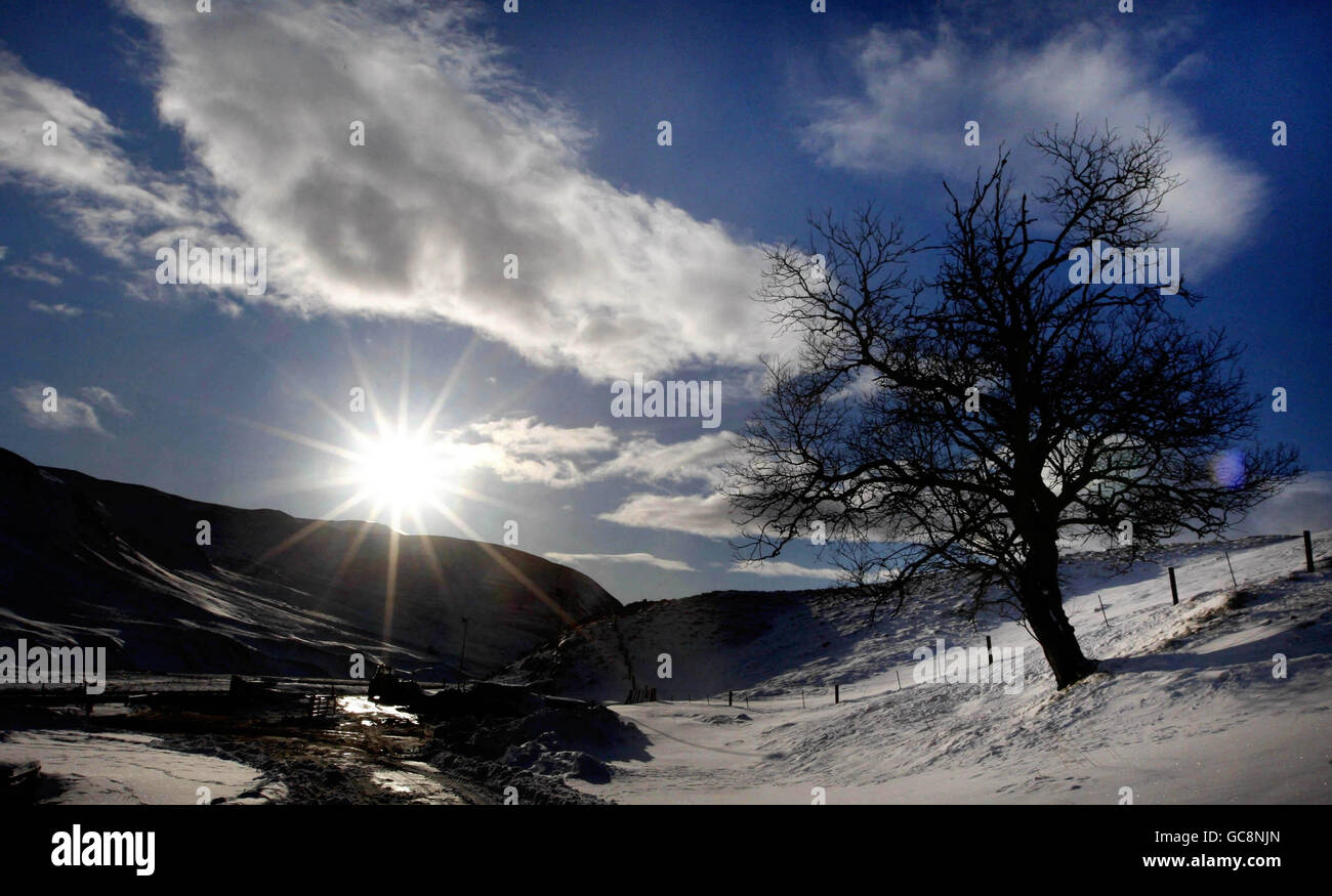 The scene on a lane in the Glenshee Mountain Range in Scotland, as cold