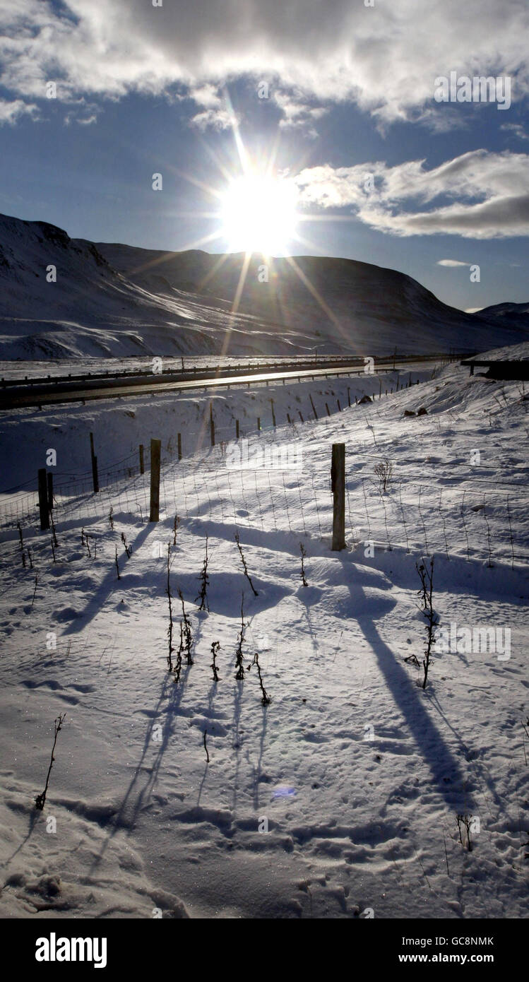 The scene on a lane in the Glenshee Mountain Range in Scotland, as cold