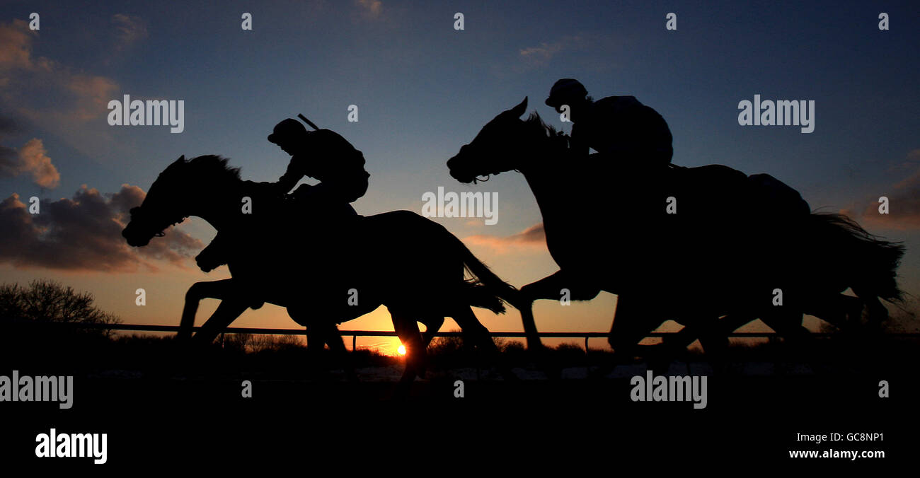 The sun sets as horses race in The Membership at Southwell Golf Club Apprentice Handicap Stakes Stock Photo