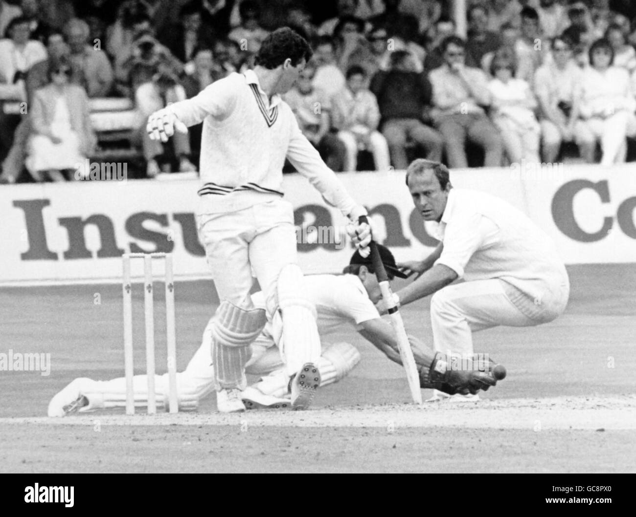 England wicket-keeper Bruce French and teammate Phil Edmonds dive to stop a ball from the bat of New Zealander John Bracewell during his stand with Evan Gray Stock Photo