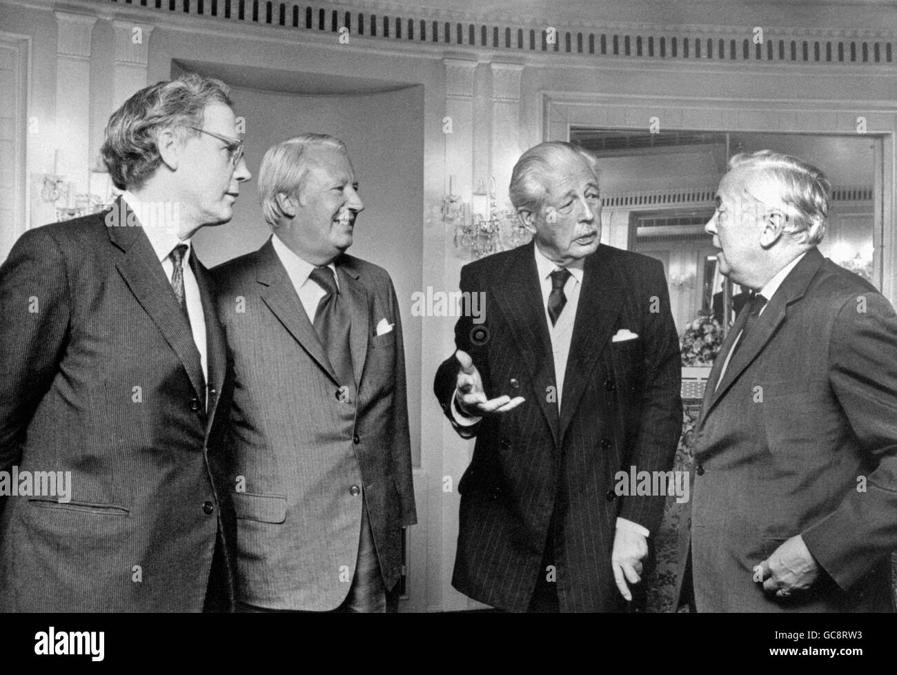 Mr Harold Macmillan Supermac Chats With Mr Harold Wilson At A Reception Held In His Honour At The Dorchester Hotel Tonight To Celebrate The Publication Of The Final Volume Or Mr