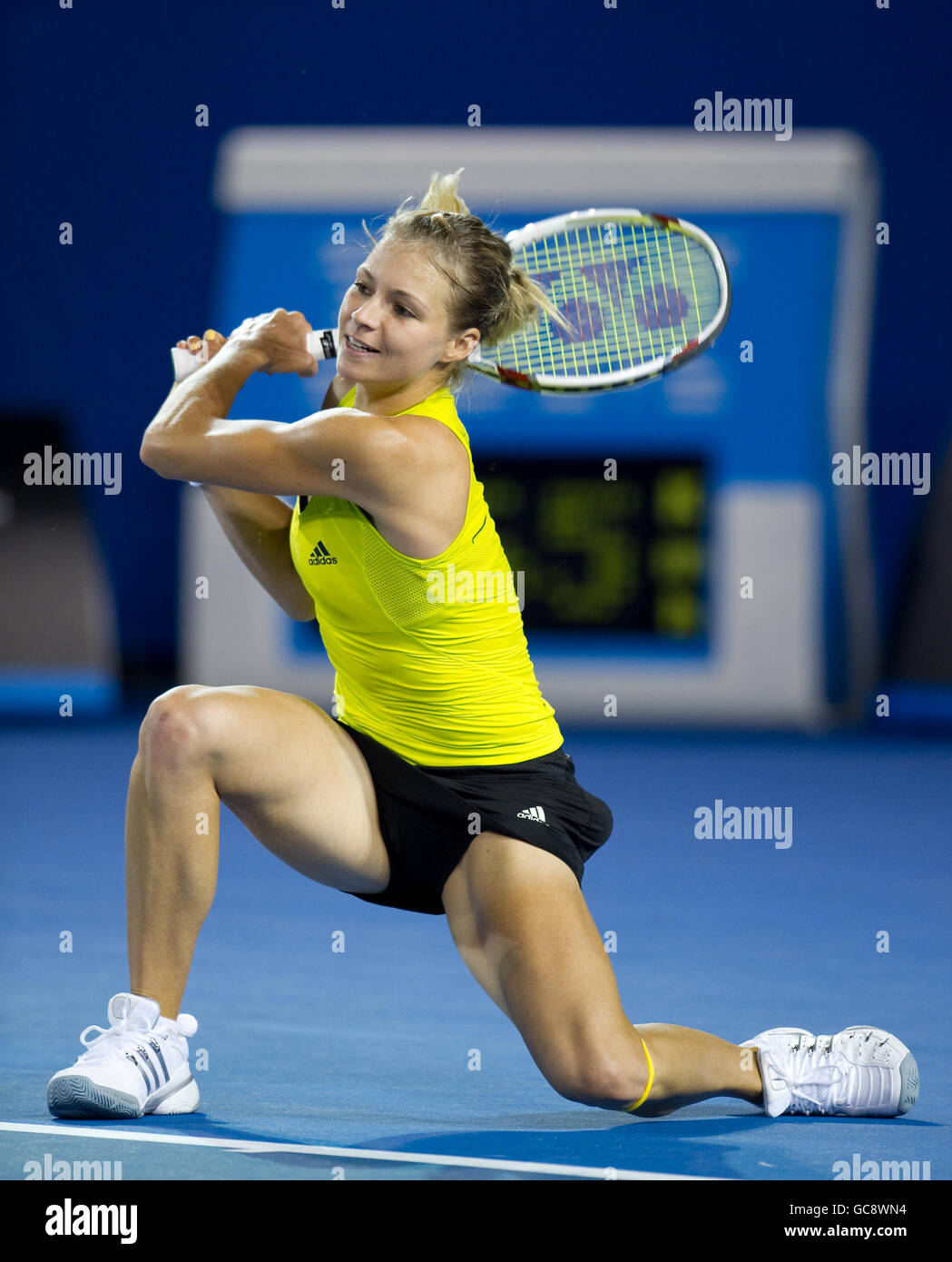 Maria Kirilenko in action during her victory against Maria Sharapova Stock Photo