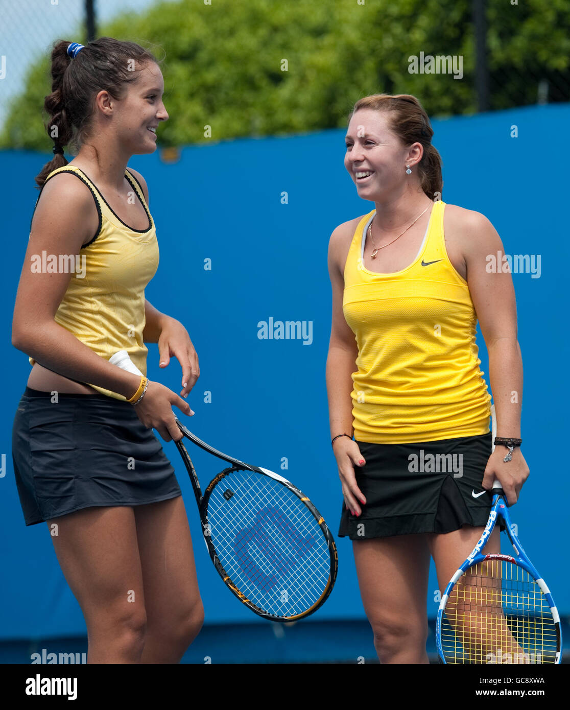 Great Britain's Laura Robson during her doubles match with Australia's Sally Peers (right) during day four of the 2010 Australian Open at Melbourne Park, Melbourne, Australia. Stock Photo