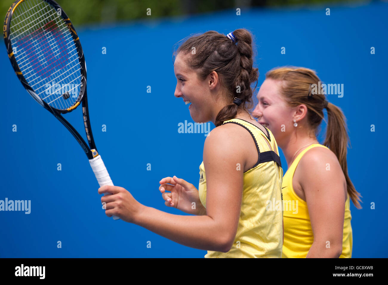 Great Britain's Laura Robson during her doubles match with Australia's Sally Peers (right) during day four of the 2010 Australian Open at Melbourne Park, Melbourne, Australia. Stock Photo