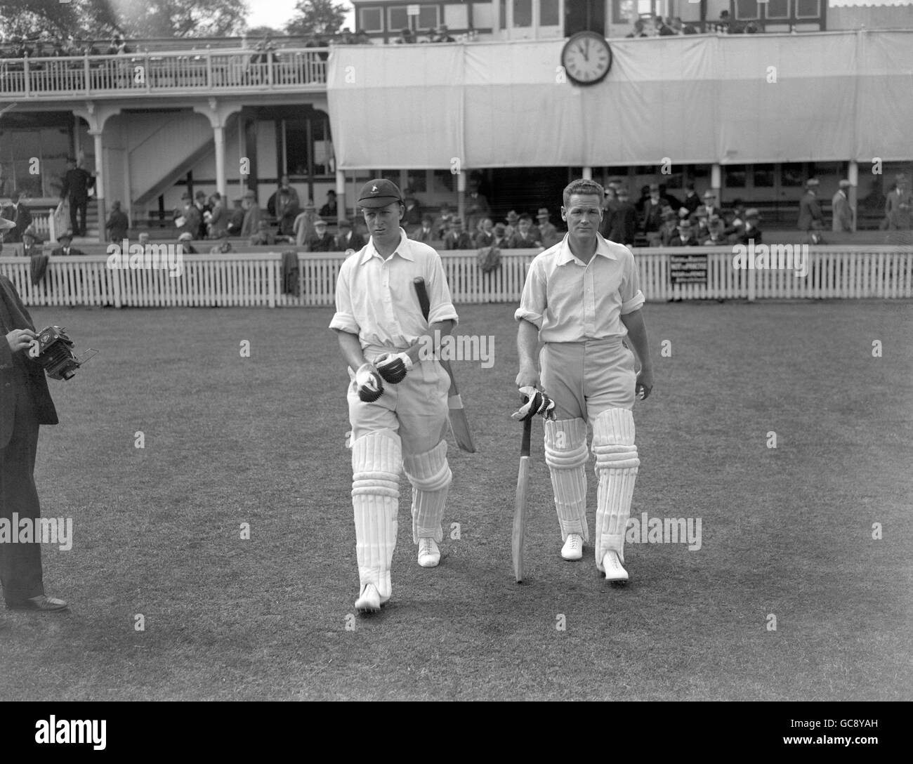 Bruce Mitchell, left and Bob Catterall going out for South Africa. Stock Photo