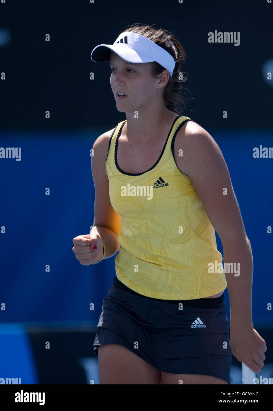 Laura Robson celebrates winning a point during her match playing with Sally Peers against Vera Dushevina and Anastasia Rodionova during The Australian Open at Melbourne Park Stock Photo