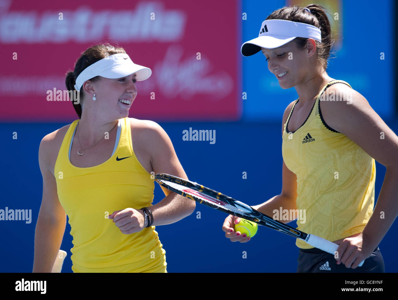 Laura Robson and Sally Peers during their match against Vera Dushevina and Anastasia Rodionova during The Australian Open at Melbourne Park Stock Photo