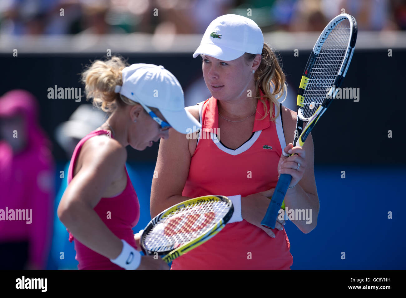 Vera Dushevina and Anastasia during their match against Laura Robson and Sally Peers during The Australian Open at Melbourne Park Stock Photo