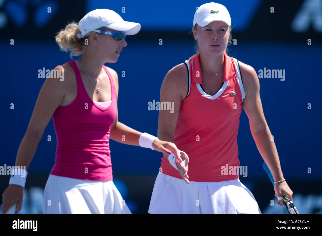Vera Dushevina and Anastasia Rodionova during their match against Laura Robson and Sally Peers during The Australian Open at Melbourne Park Stock Photo