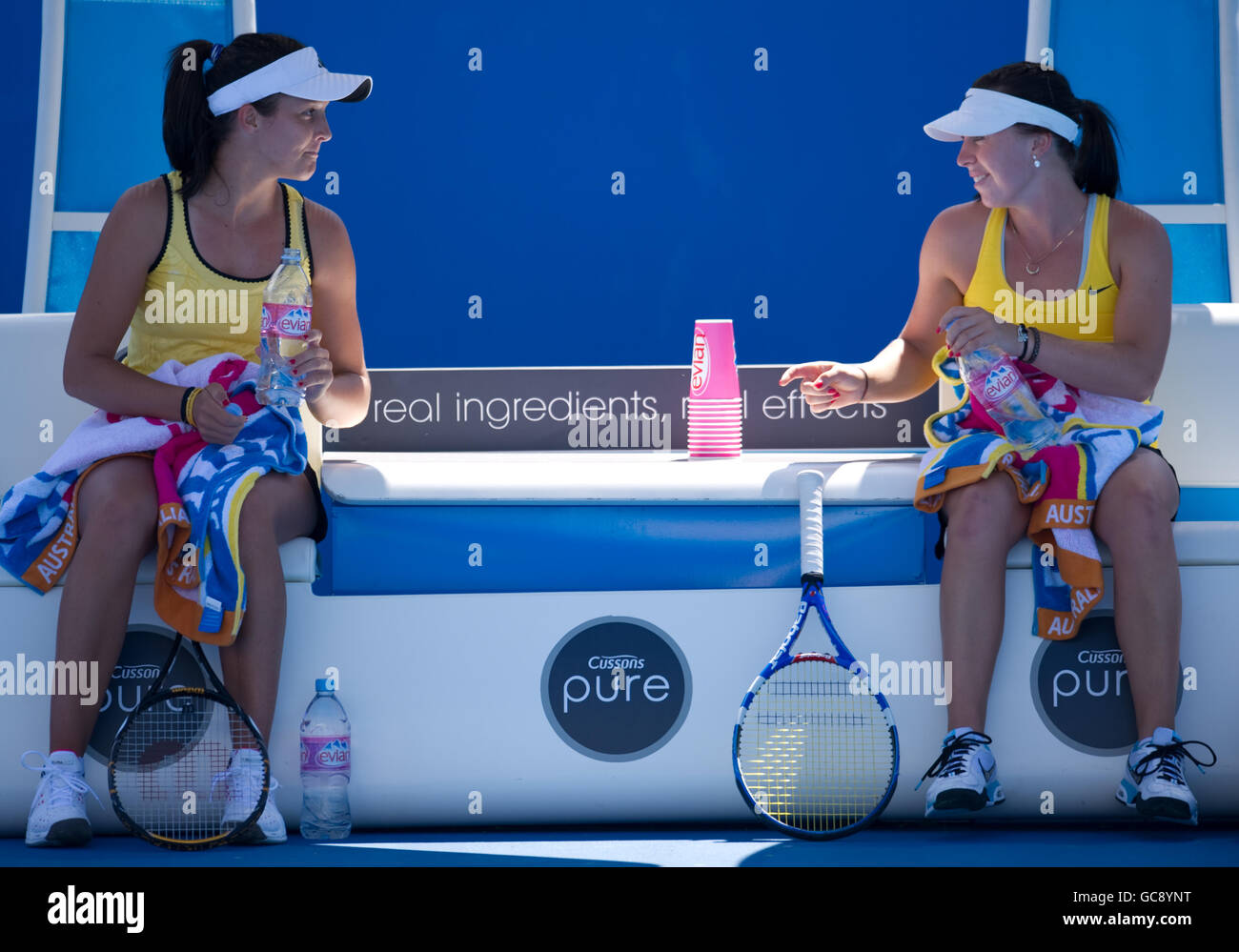 Tennis - Australian Open 2010 - Day Seven - Melbourne Park. Laura Robson and Sally Peers during their match against Vera Dushevina and Anastasia Rodionova during The Australian Open at Melbourne Park Stock Photo