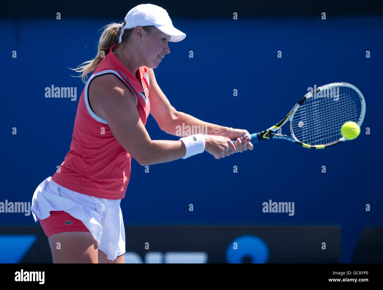Vera Dushevina in action during her match with Anastasia Rodionova during their match against Laura Robson and Sally Peers during The Australian Open at Melbourne Park Stock Photo
