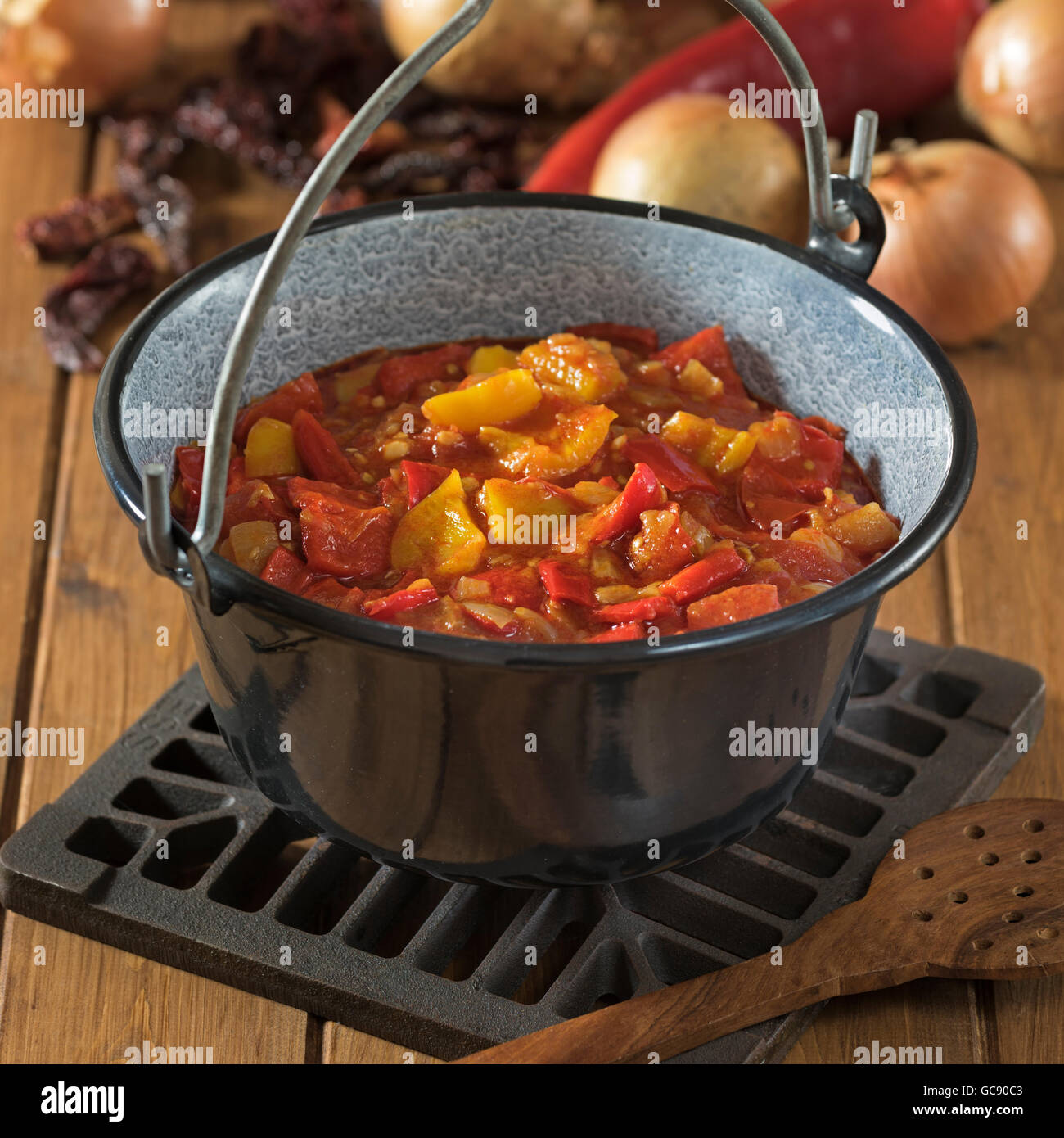Lecsó. Hungarian pepper and tomato stew. Hungary Food Stock Photo