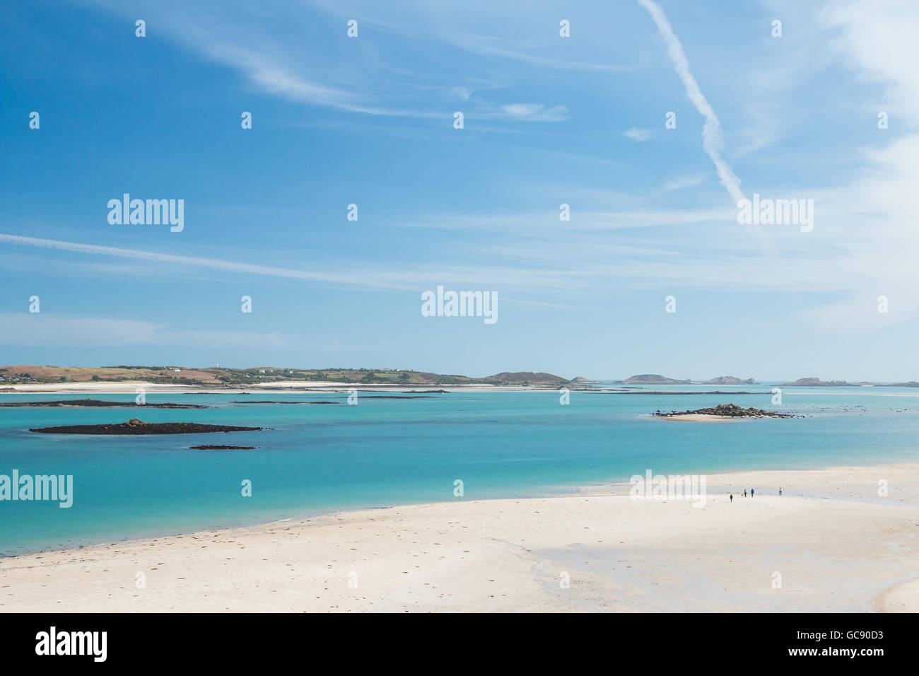 White sand and blue seas at low tide around the Isles of Scilly, March 2016 Stock Photo